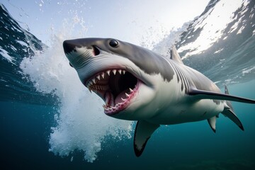 Fototapeta premium A shark is swimming through the water, its mouth open to strike its prey.