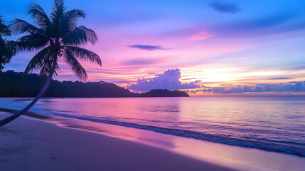 Tropical beach sunset silhouette, calm ocean, vibrant colors. Possible use  Background, wallpaper, travel ads