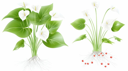 Two Anthurium Plants with Roots and Flowers, Educational Illustration, Botanical Diagram
