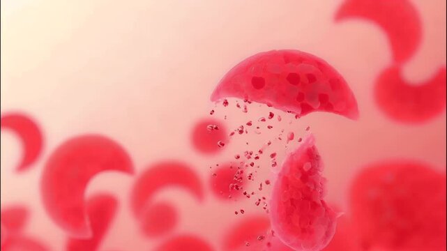 3D Animation of Microscopic View of Sickle Cell Being Destroyed - Medical illustration Footage. 4K