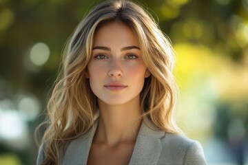 Obraz premium Businesswoman Commutes in Park Professional Attire Smile Natural Light Urban Setting Impressionist