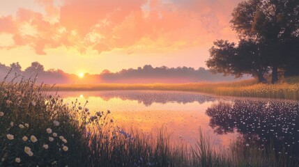 Obraz premium A serene landscape of a meadow at dawn, with dewdrops blanketing the grass, reflecting the soft pink and orange hues of the sky.