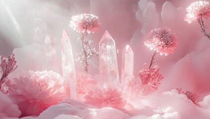Crystals and Pink Flowers Bloom Serene Dreamland, Soft Pastel Aesthetic, Magical Fantasy Setting