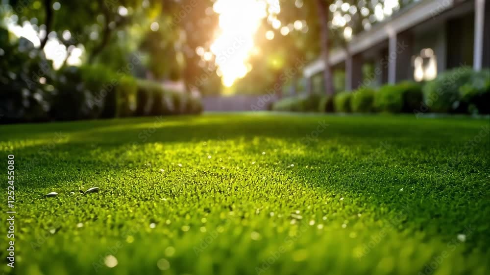 Poster close-up of vibrant green grass with a blurred background of trees and a pathway, illuminated by sof
