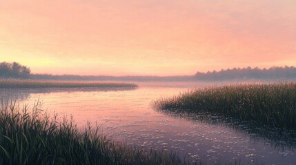 Obraz premium A serene landscape of a meadow at dawn, with dewdrops blanketing the grass, reflecting the soft pink and orange hues of the sky.