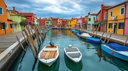 Colorful buildings and boats in Burano Italy with cloudy sky and a wood walk