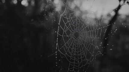 A spiderweb glistening with tiny dewdrops, capturing the intricate patterns of nature against a blurred forest background.