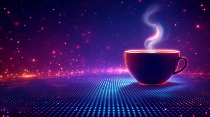 A steaming cup of coffee on a vibrant cosmic surface