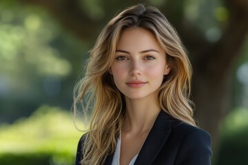 Obraz premium Businesswoman in a Suit Walking in the Park Professional Urban Nature Commute