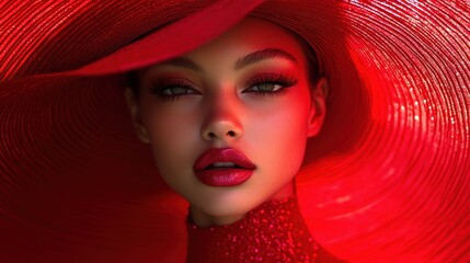 Fashion Portrait of Woman in Red Hat and Dress at Horse Racing Event