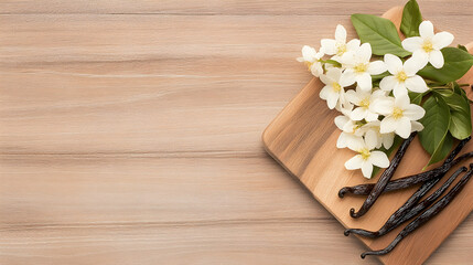 Vanilla beans and flowers on wooden board