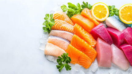 Variety of fresh sashimi slices on ice, ready for meal