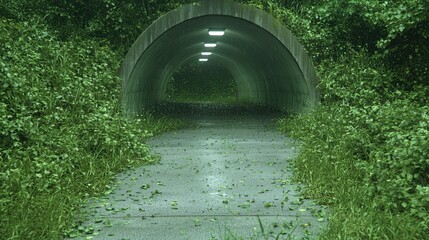 Empty concrete tunnel, overgrown path, misty forest. Possible stock photo use