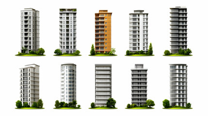 Various apartment buildings, urban design, digital illustration, for architectural presentation, possible use in real estate marketing