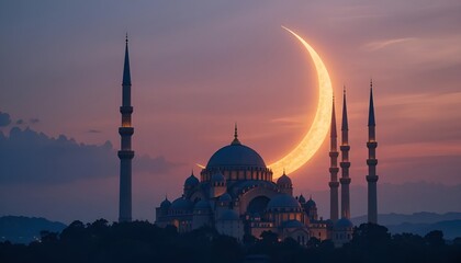 Obraz premium Crescent Moon and Minarets A majestic golden crescent moon cradling a grand mosque with towering minarets, set against a dreamy twilight sky.