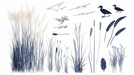 Vector illustration of various marsh grasses and birds. Background marsh grasses and birds. Possible use educational, design resources