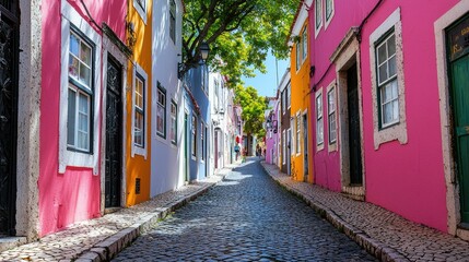 Fototapeta premium Colorful Buildings Line Cobblestone Street Charming Town