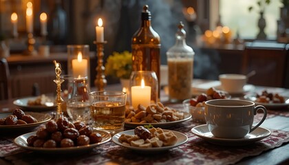 Fasting and Iftar Scene A warm and inviting table setting with traditional Ramadan foods like dates, water, and tea, illuminated by soft candlelight