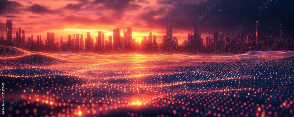 Poster futuristic neon city skyline digital background for ai neural networks data transfer and communicati