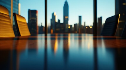 Empty conference table, city sunrise view, meeting prep