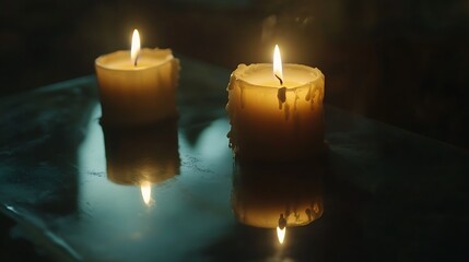 Two Burning Candles Reflecting on Dark Glass Surface