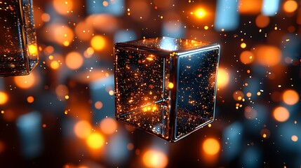 Floating mirrored cubes with glowing particles, abstract tech background, for graphic design.