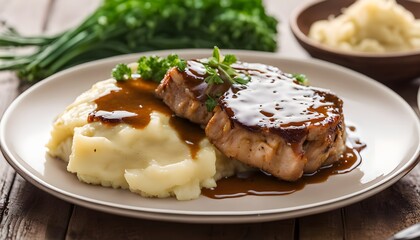 Well done Pork chops with brown gravy sauce and mash potato