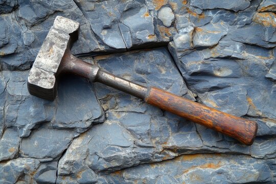 Geological hammer rests upon layers of gray sedimentary rock