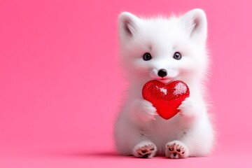 Obraz premium Arctic fox - my cherished animal. Cute arctic fox baby with sparkling rhinestones red heart - sign of love, funny greeting card. Digital ads conceptual art. Digital ads creative.