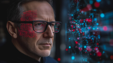 Data Analyst Contemplating: A pensive mature man, wearing glasses, gazes intently at a complex data visualization projected on a screen, a subtle red overlay suggesting the weight of his analysis.  