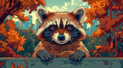 A raccoon peering over a fence amidst autumn foliage and a city skyline.