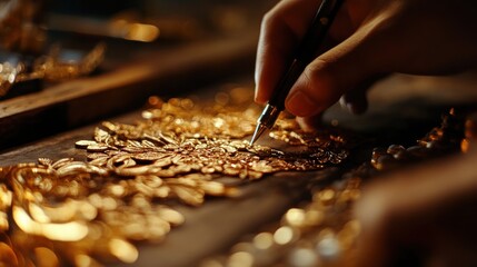 Intricate golden jewelry design under careful handcrafting process