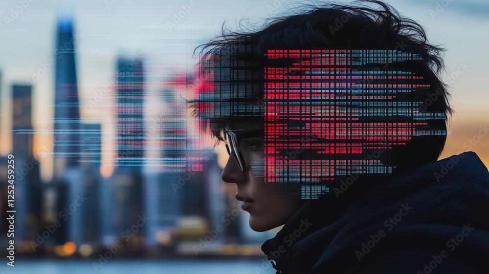 Poster digital mind: a person in profile view, superimposed with data streams and a cityscape backdrop, rep