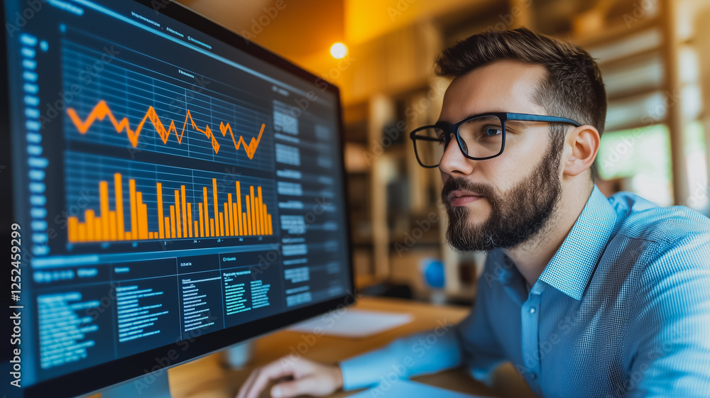 Aufkleber data analyst at work: a focused young man, wearing glasses, intently studies data graphs and charts 