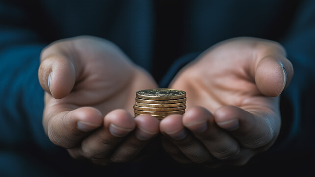 two hands cupped open, holding a stack of gold coins.