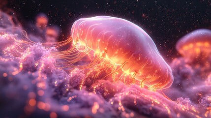Glowing jellyfish in deep ocean, cosmic dust background, science fiction art, perfect for fantasy themed projects.