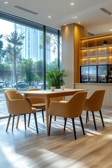 Obraz premium Modern dining area with large window.
