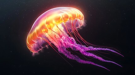 Glowing jellyfish floats in dark space, for educational or abstract art use.