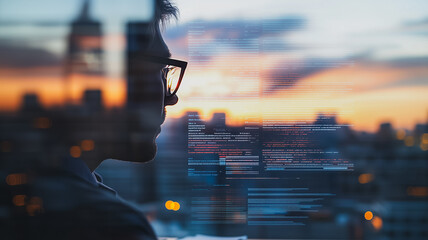 Man looking out window at sunset city skyline 