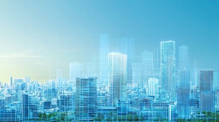 Obraz premium Futuristic City Skyline with Modern Glass Buildings Against a Blue Sky at Sunset