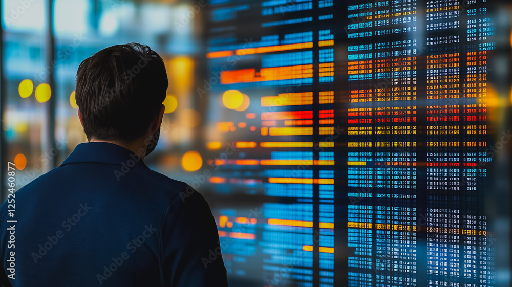 Poster man observing data on a large screen.