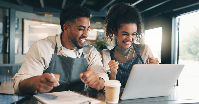 Laptop, team and success with people in cafe for product inventory, supplier deal and budget profit. Menu discounts, reputation rating and small business owner with employee in coffee shop for winner