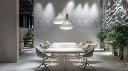 Modern meeting room, pendant lights, textured wall, plants