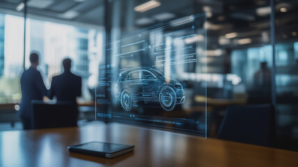 Fototapeta premium a digital mockup of a car displayed on a glass screen in a meeting room with two people in the background. 
