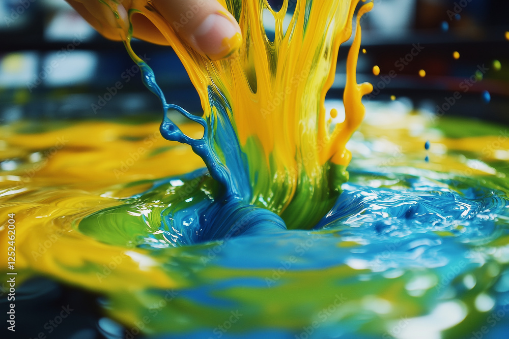 Poster vibrant acrylic paint colors flowing and blending in water, creating dynamic abstract patterns and a