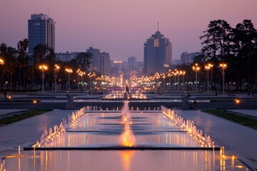Fototapeta premium Cityscape Water Fountain Urban evening scene with water, buildings, street lights
