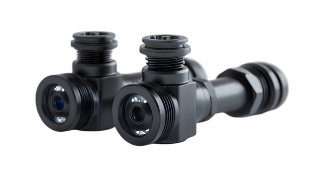 Black Industrial Valves Product Close-Up on Dark Background for Engineering Needs