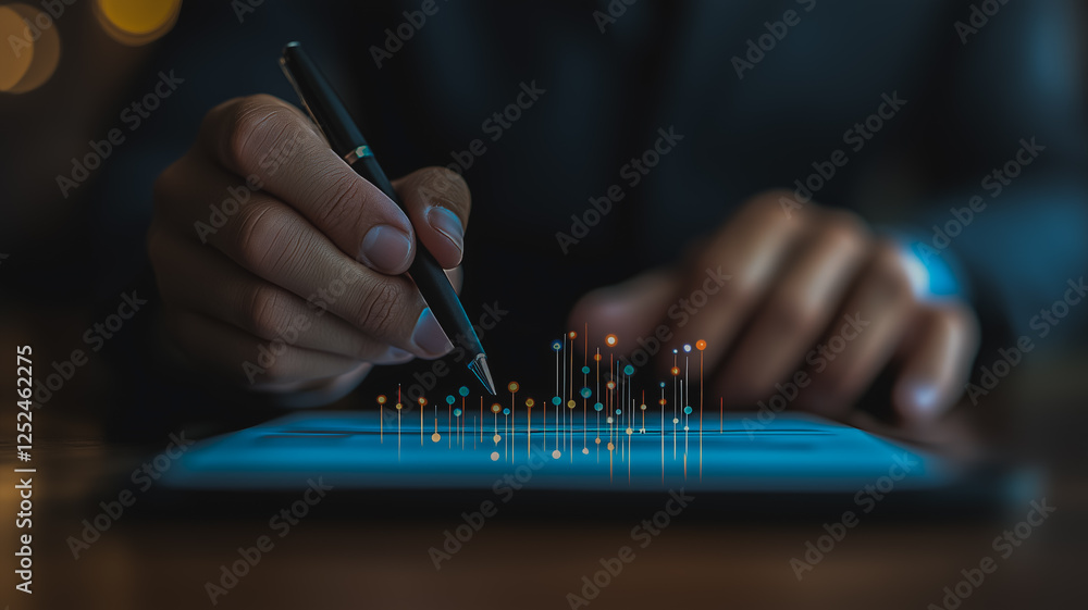 Poster close-up of hands using stylus on tablet, analyzing data.