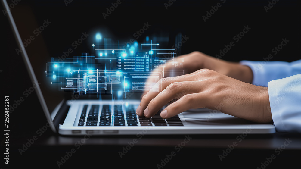 Aufkleber close-up of hands typing on a laptop with data streaming from the screen.