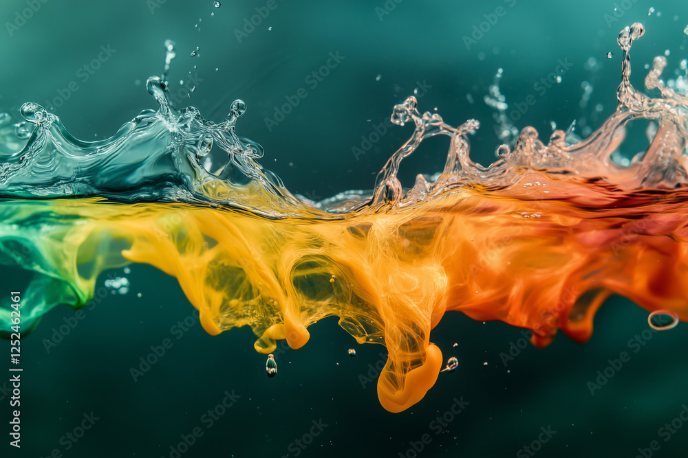 Poster vibrant acrylic paint colors flowing and blending in water, creating dynamic abstract patterns and a